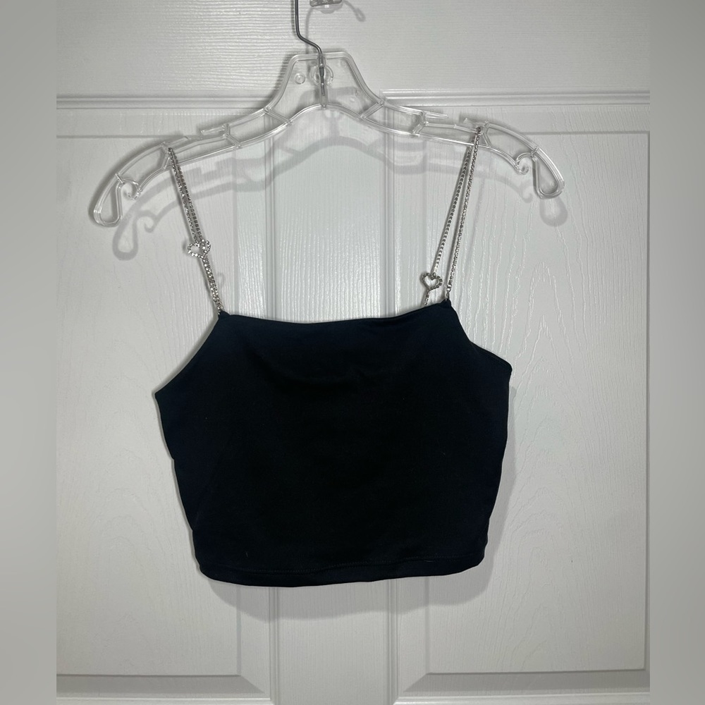 Forever 21 black tank top with adjustable heart rhinestone straps
